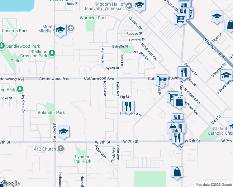 map of restaurants, bars, coffee shops, grocery stores, and more near 1090 Birch Lane in San Jacinto