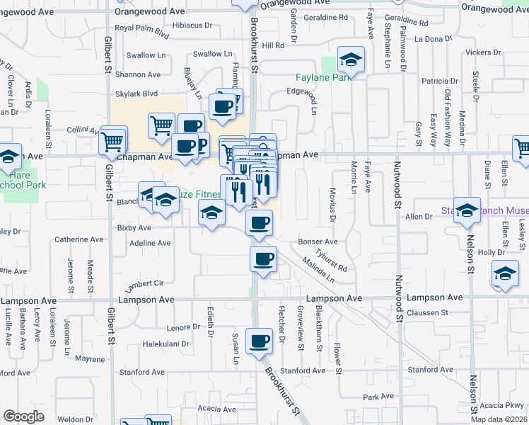 map of restaurants, bars, coffee shops, grocery stores, and more near 12304-12310 Brookhurst Street in Garden Grove