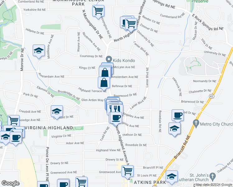map of restaurants, bars, coffee shops, grocery stores, and more near 1008 Rosewood Drive Northeast in Atlanta