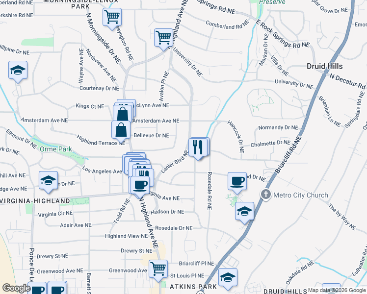 map of restaurants, bars, coffee shops, grocery stores, and more near 1136 Lanier Boulevard Northeast in Atlanta