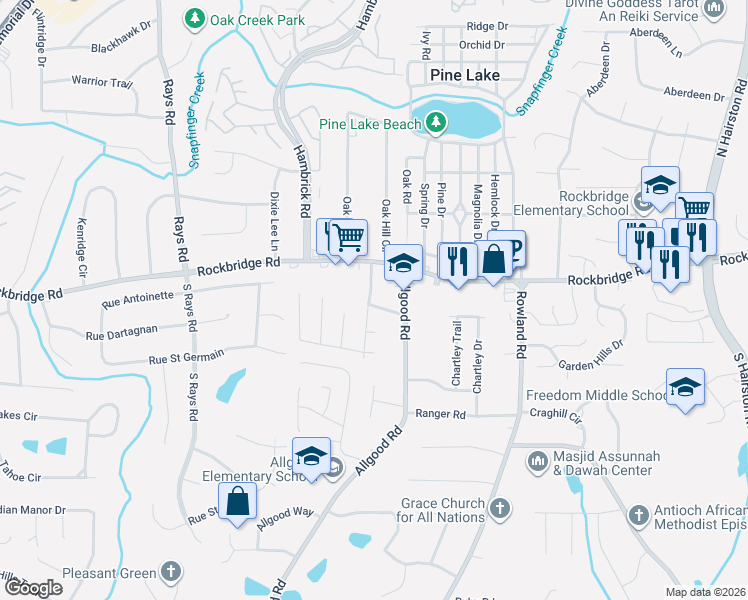 map of restaurants, bars, coffee shops, grocery stores, and more near 426 Allgood Circle in Stone Mountain