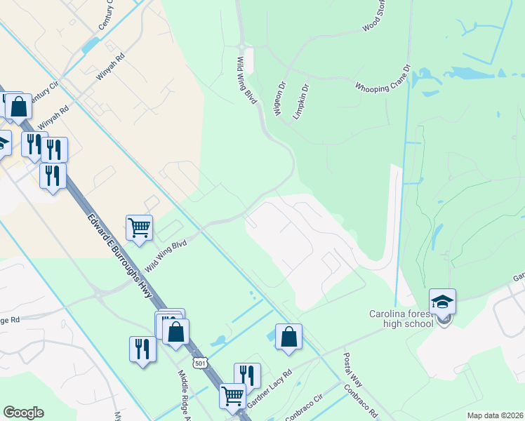 map of restaurants, bars, coffee shops, grocery stores, and more near 302 Wild Wing Boulevard in Conway