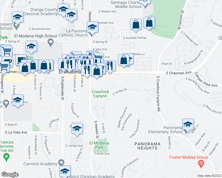 map of restaurants, bars, coffee shops, grocery stores, and more near 4722 East Washington Avenue in Orange