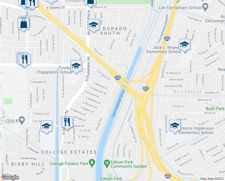 map of restaurants, bars, coffee shops, grocery stores, and more near Stevely Avenue in Long Beach