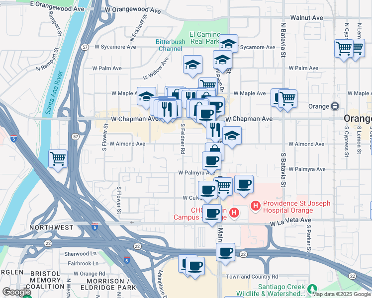map of restaurants, bars, coffee shops, grocery stores, and more near 225 South Feldner Road in Orange