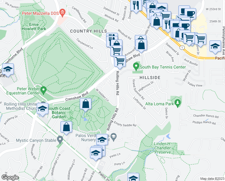 map of restaurants, bars, coffee shops, grocery stores, and more near 3604 West Estates Lane in Rolling Hills Estates