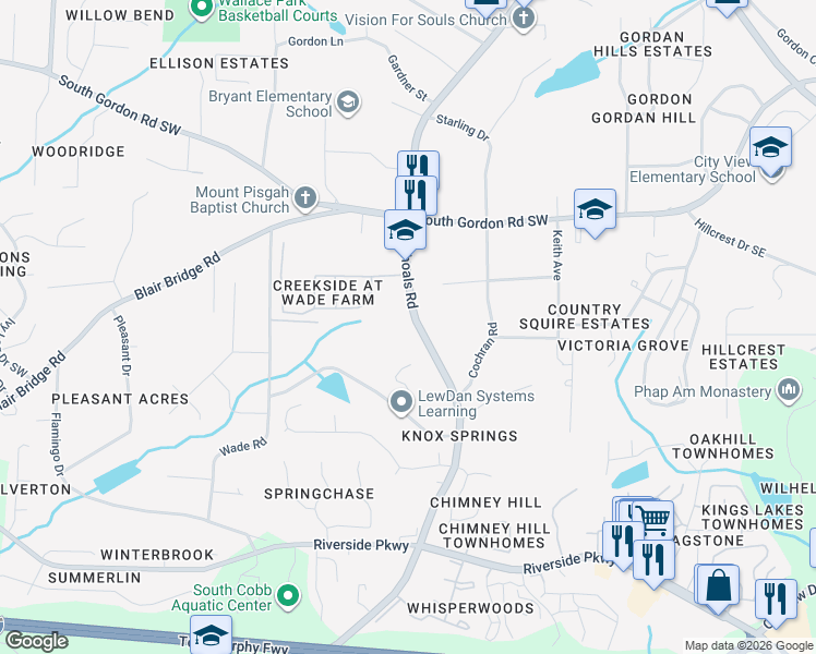 map of restaurants, bars, coffee shops, grocery stores, and more near 6910 Factory Shoals Road in Austell