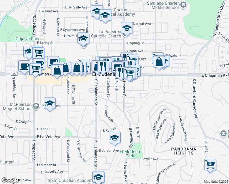 map of restaurants, bars, coffee shops, grocery stores, and more near 198 South Park Street in Orange