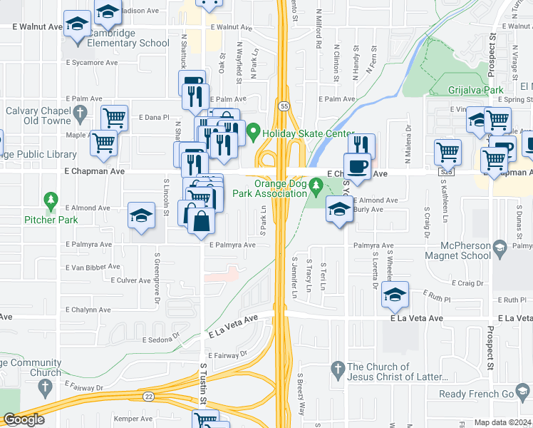 map of restaurants, bars, coffee shops, grocery stores, and more near 202 South Park Lane in Orange