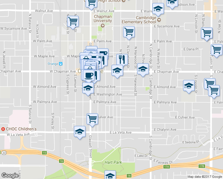 map of restaurants, bars, coffee shops, grocery stores, and more near 326 East Almond Avenue in Orange