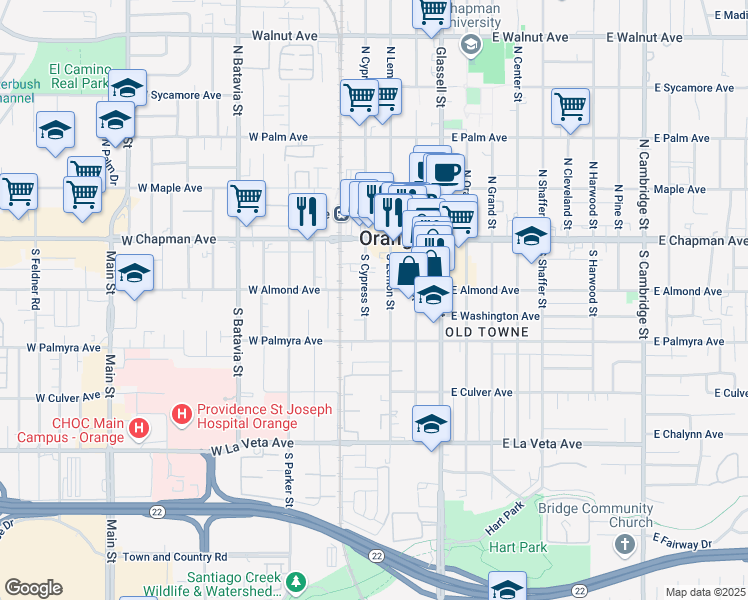 map of restaurants, bars, coffee shops, grocery stores, and more near 416 West Almond Avenue in Orange