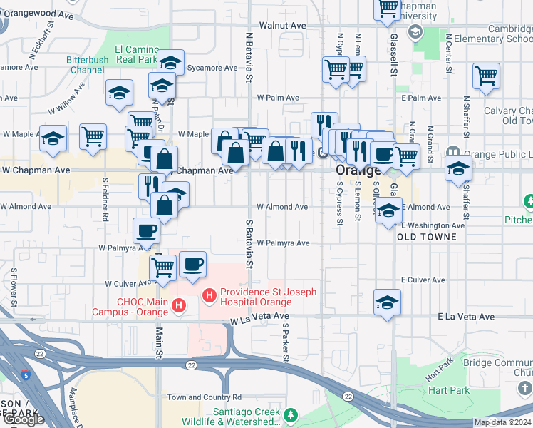 map of restaurants, bars, coffee shops, grocery stores, and more near 206 South Clark Street in Orange
