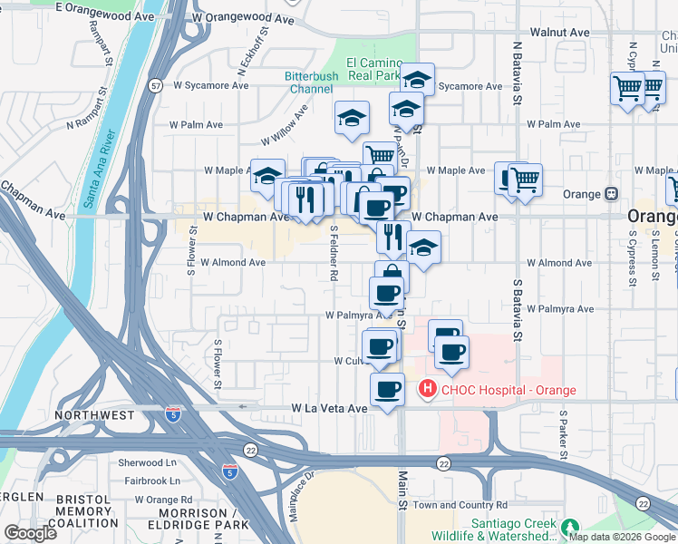 map of restaurants, bars, coffee shops, grocery stores, and more near 1614 West Almond Avenue in Orange