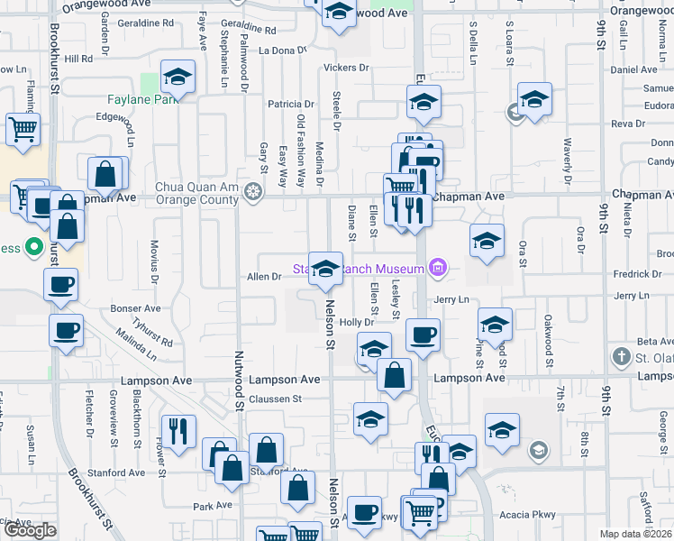 map of restaurants, bars, coffee shops, grocery stores, and more near 12172 Nelson Street in Garden Grove