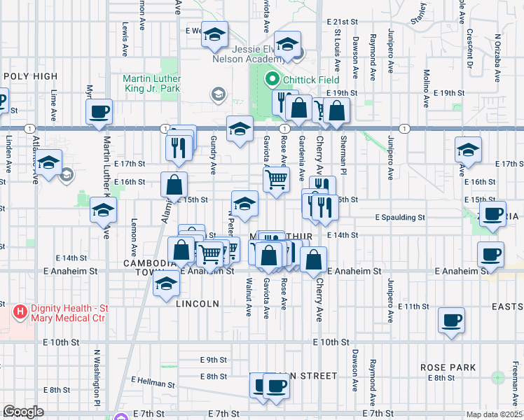 map of restaurants, bars, coffee shops, grocery stores, and more near in Long Beach
