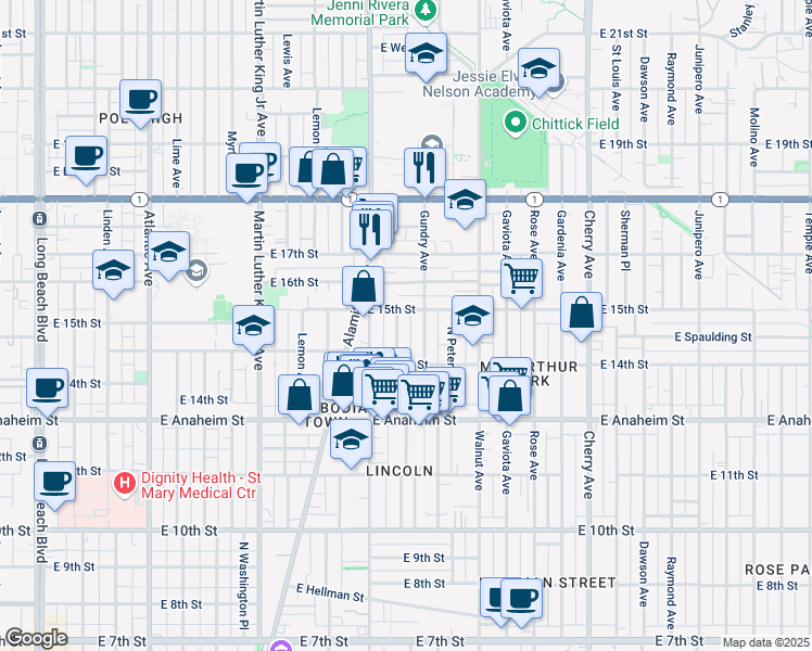 map of restaurants, bars, coffee shops, grocery stores, and more near 1493 Gundry Avenue in Long Beach