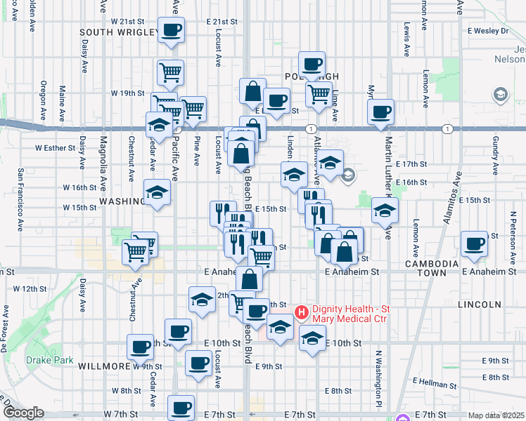 map of restaurants, bars, coffee shops, grocery stores, and more near 1534 Elm Avenue in Long Beach