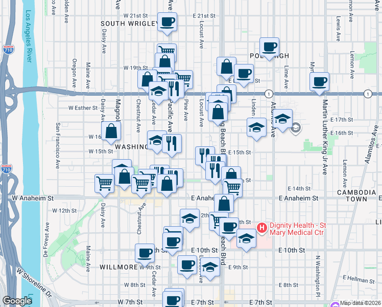 map of restaurants, bars, coffee shops, grocery stores, and more near 1537 Pine Avenue in Long Beach