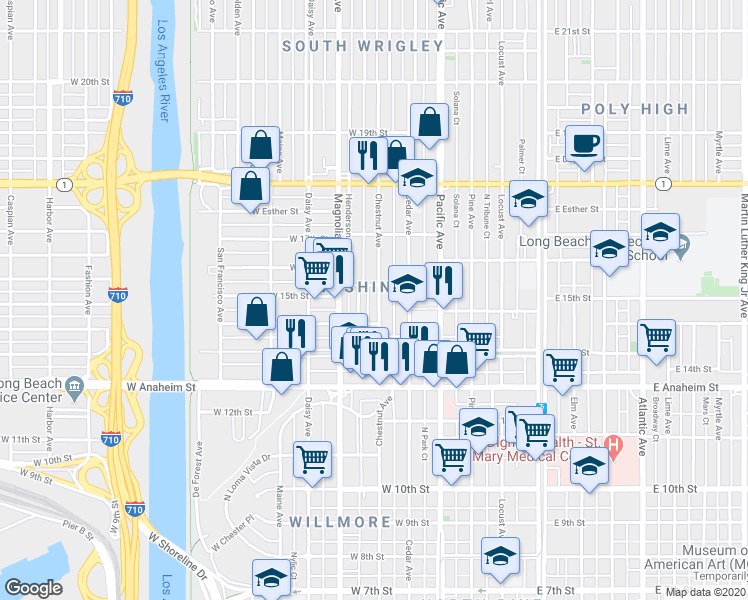 map of restaurants, bars, coffee shops, grocery stores, and more near 1486 Henderson Avenue in Long Beach