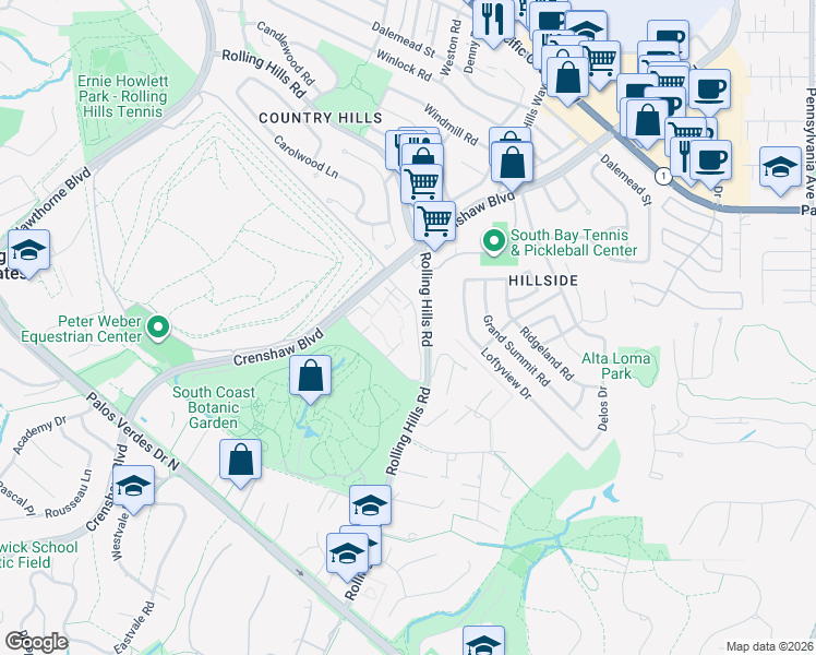 map of restaurants, bars, coffee shops, grocery stores, and more near 3604 West Estates Lane in Rolling Hills Estates