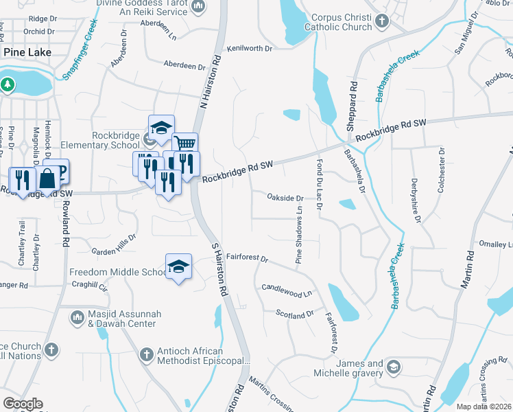 map of restaurants, bars, coffee shops, grocery stores, and more near 446 Maplecliff Drive in Stone Mountain