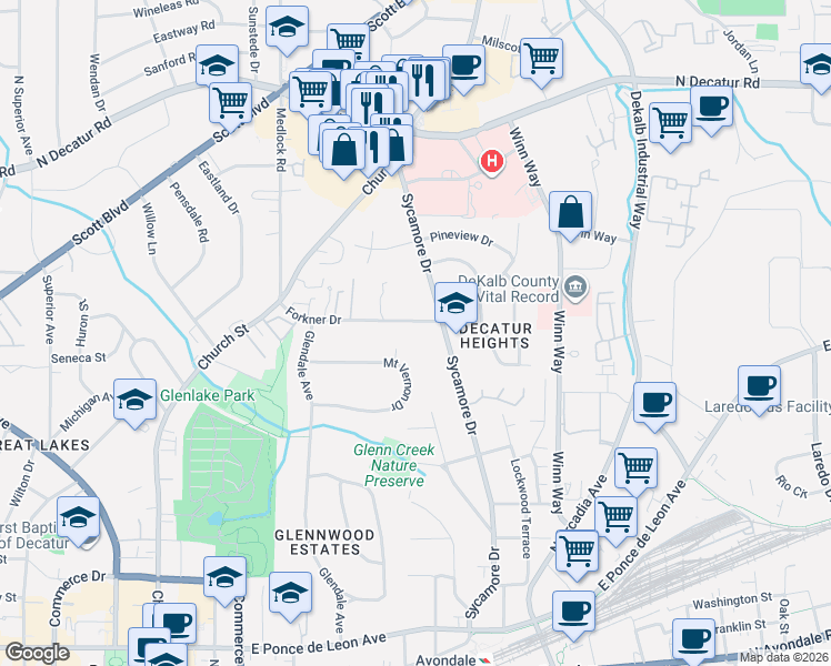 map of restaurants, bars, coffee shops, grocery stores, and more near 265 Forkner Drive in Decatur
