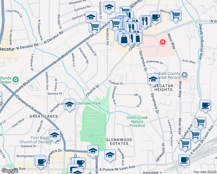 map of restaurants, bars, coffee shops, grocery stores, and more near 624 Glendale Avenue in Decatur
