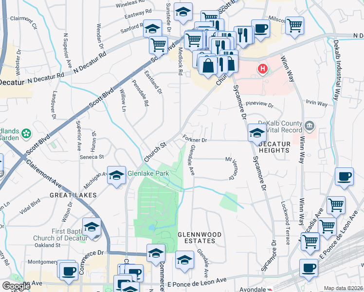 map of restaurants, bars, coffee shops, grocery stores, and more near 624 Glendale Avenue in Decatur