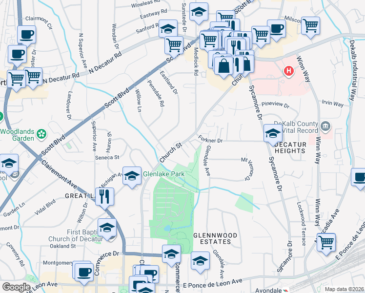 map of restaurants, bars, coffee shops, grocery stores, and more near 5 Knob Hills Circle in Decatur