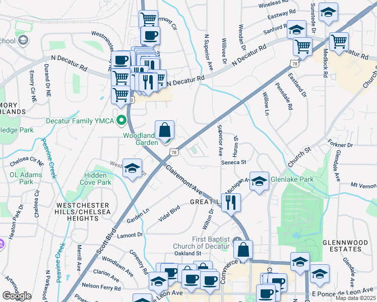 map of restaurants, bars, coffee shops, grocery stores, and more near 25 High Gate Trail in Decatur