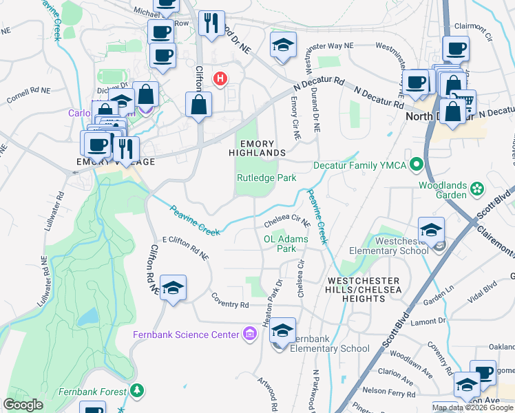 map of restaurants, bars, coffee shops, grocery stores, and more near 1755 Ridgewood Drive Northeast in Atlanta
