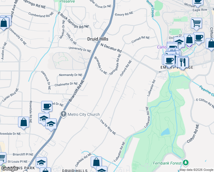 map of restaurants, bars, coffee shops, grocery stores, and more near 1136 Oxford Road Northeast in Atlanta