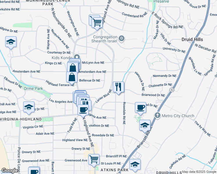 map of restaurants, bars, coffee shops, grocery stores, and more near 1096 Rosewood Drive Northeast in Atlanta