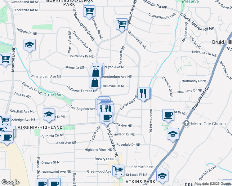 map of restaurants, bars, coffee shops, grocery stores, and more near 1062 Rosewood Drive Northeast in Atlanta