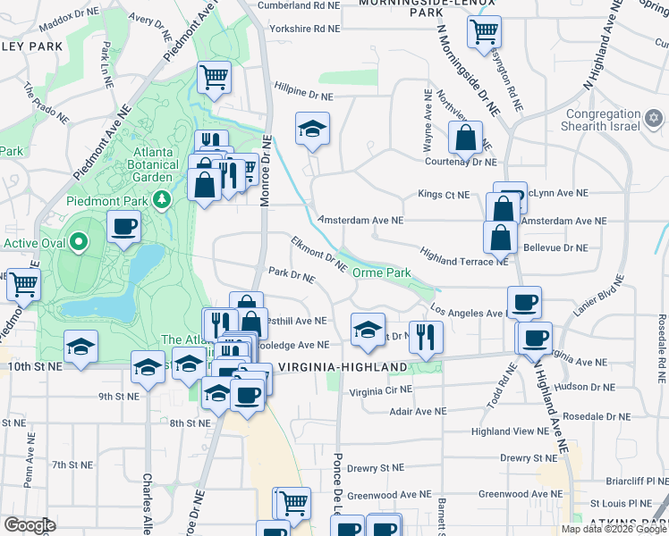 map of restaurants, bars, coffee shops, grocery stores, and more near 701 Elkmont Drive Northeast in Atlanta