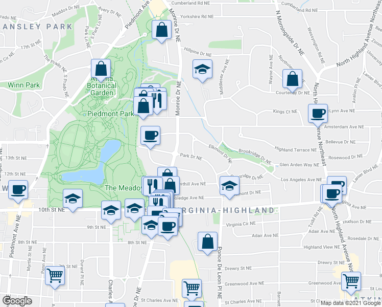 map of restaurants, bars, coffee shops, grocery stores, and more near 1152 Orme Circle Northeast in Atlanta