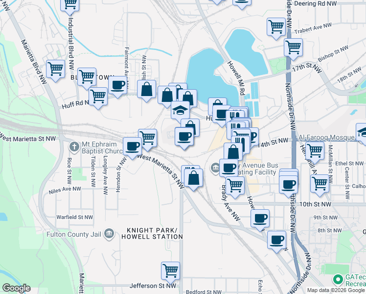 map of restaurants, bars, coffee shops, grocery stores, and more near 1200 Foster Street Northwest in Atlanta