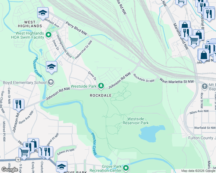 map of restaurants, bars, coffee shops, grocery stores, and more near 1600-1660 Johnson Road Northwest in Atlanta