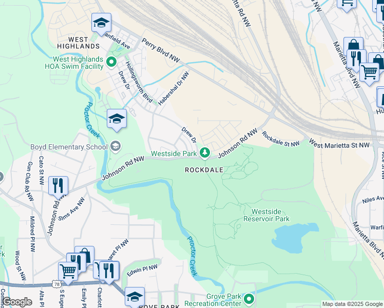 map of restaurants, bars, coffee shops, grocery stores, and more near 1580 Johnson Road Northwest in Atlanta