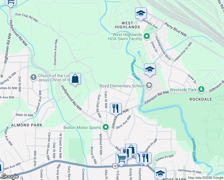 map of restaurants, bars, coffee shops, grocery stores, and more near 2060 Ruth Street Northwest in Atlanta