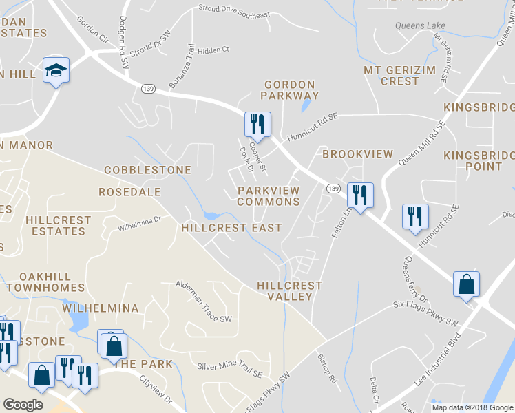 map of restaurants, bars, coffee shops, grocery stores, and more near 6975 Gallant Circle Southeast in Mableton