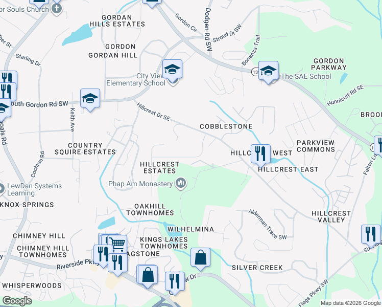 map of restaurants, bars, coffee shops, grocery stores, and more near 231 Hillcrest Drive Southeast in Austell