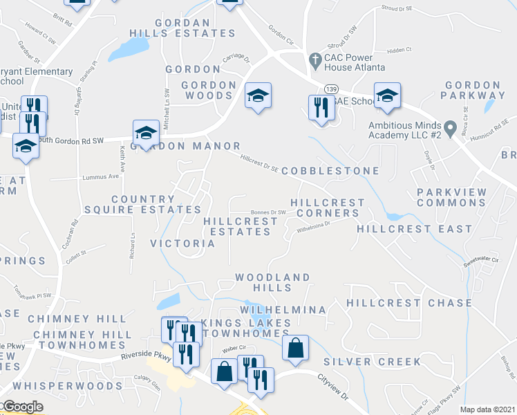 map of restaurants, bars, coffee shops, grocery stores, and more near 282 Bonnes Drive Southwest in Austell