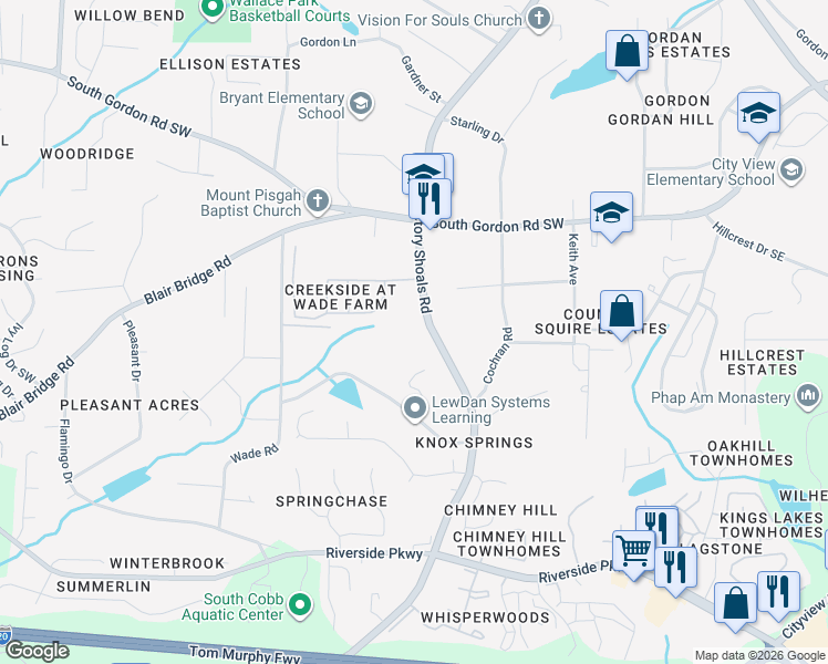 map of restaurants, bars, coffee shops, grocery stores, and more near 6910 Factory Shoals Road in Austell