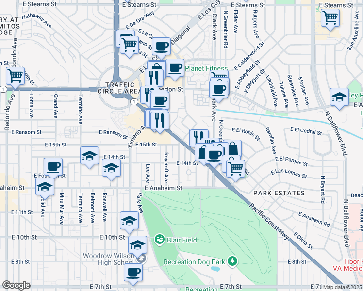 map of restaurants, bars, coffee shops, grocery stores, and more near 1488 Park Avenue in Long Beach