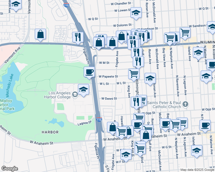 map of restaurants, bars, coffee shops, grocery stores, and more near 1241 West L Street in Los Angeles