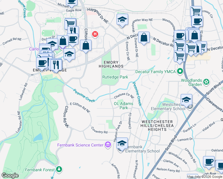 map of restaurants, bars, coffee shops, grocery stores, and more near 1755 Ridgewood Drive Northeast in Atlanta