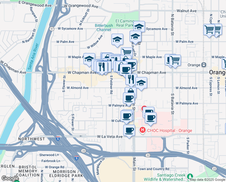 map of restaurants, bars, coffee shops, grocery stores, and more near 225 South Feldner Road in Orange