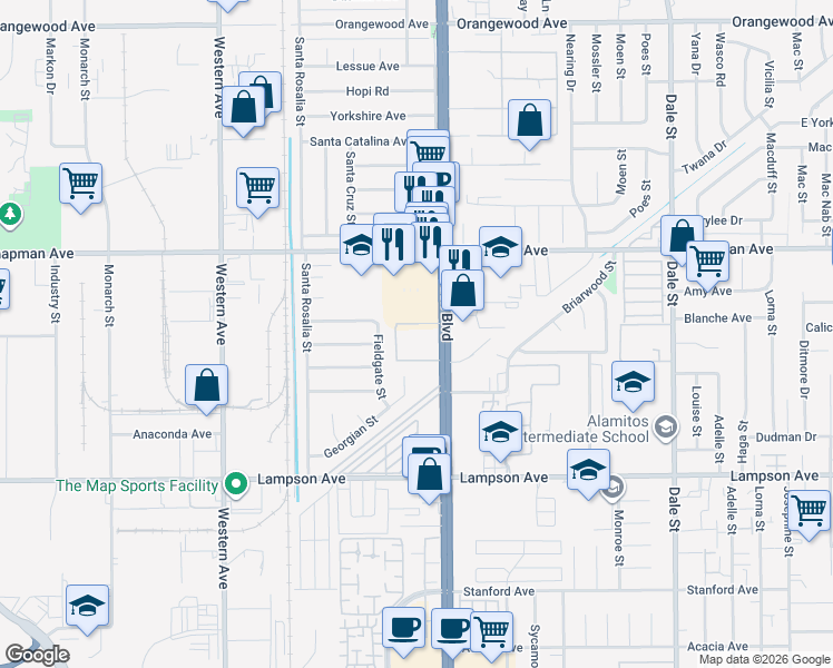 map of restaurants, bars, coffee shops, grocery stores, and more near 12221 Beach Boulevard in Garden Grove