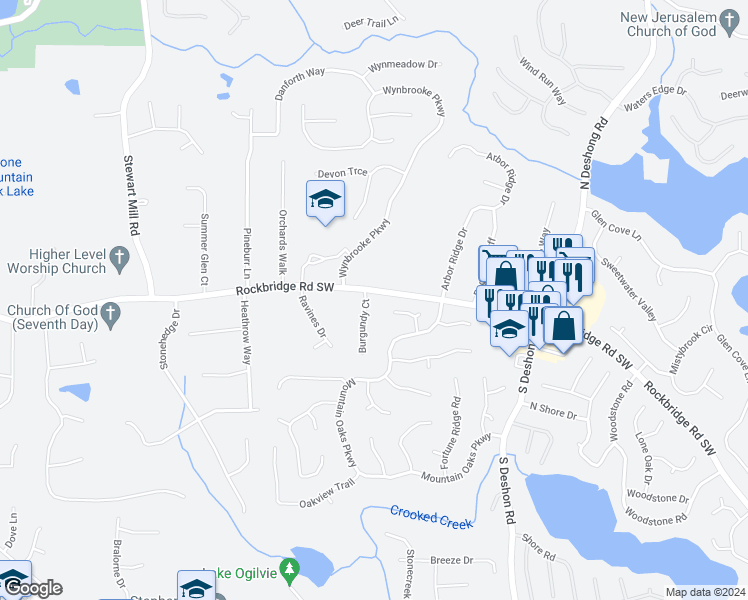 map of restaurants, bars, coffee shops, grocery stores, and more near 7039 Rockbridge Road Southwest in Stone Mountain